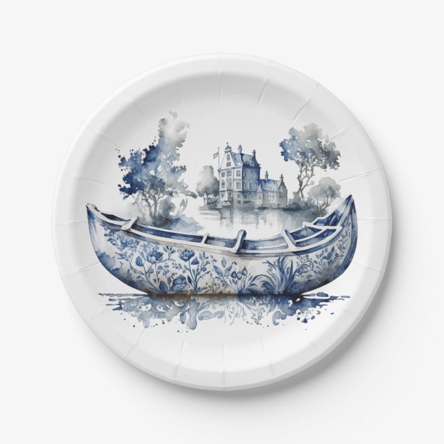 Prato De Papel Barco estilo Delft azul e branco com cena de aldei (Frente)