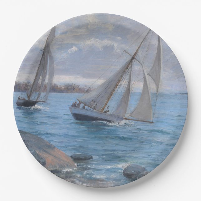 Prato De Papel Barcos à vela no rio (Frente)