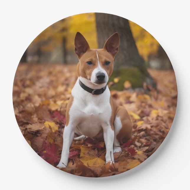 Prato De Papel Basenji no outono deixa cair inspiração (Frente)