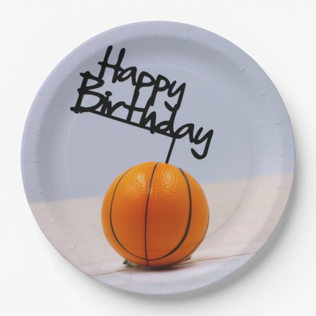 Prato De Papel Basquete com Feliz Aniversário sobre fundo branco (Frente)