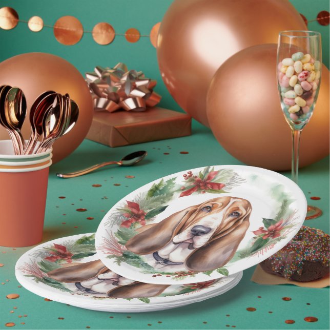 Prato De Papel Basset Hound Christmas Wreath Festivo Pup (Múltiplo)