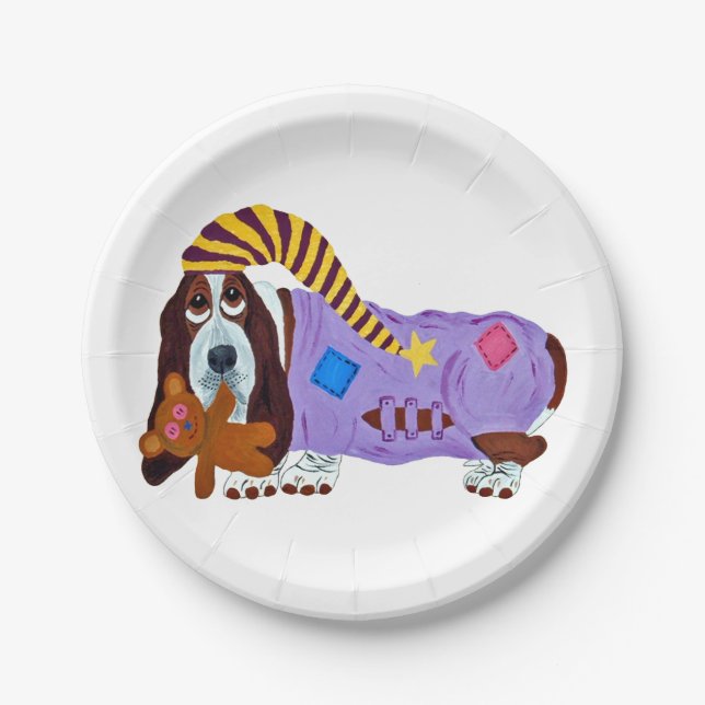 Prato De Papel Basset Hound em PJs com ursinho de pelúcia (Frente)