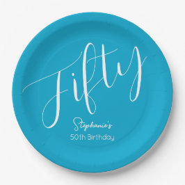 Prato De Papel Bastante moderno Script Aqua Blue 50º aniversário