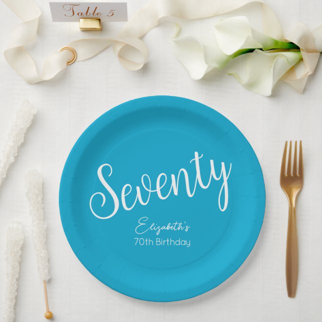 Prato De Papel Bastante moderno Script Aqua Blue 70 Aniversário (Casamento)