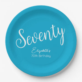 Prato De Papel Bastante moderno Script Aqua Blue 70 Aniversário