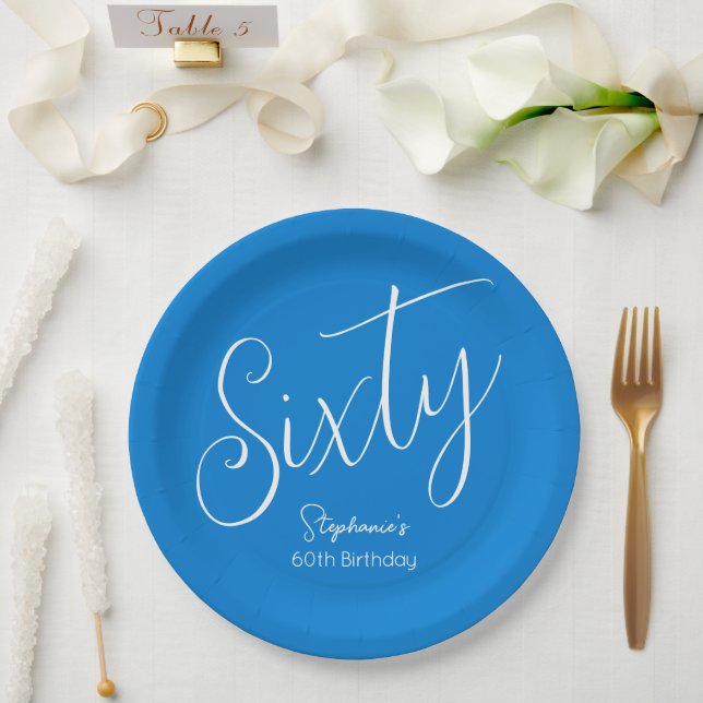 Prato De Papel Bastante moderno Script Azul 60º aniversário (Casamento)