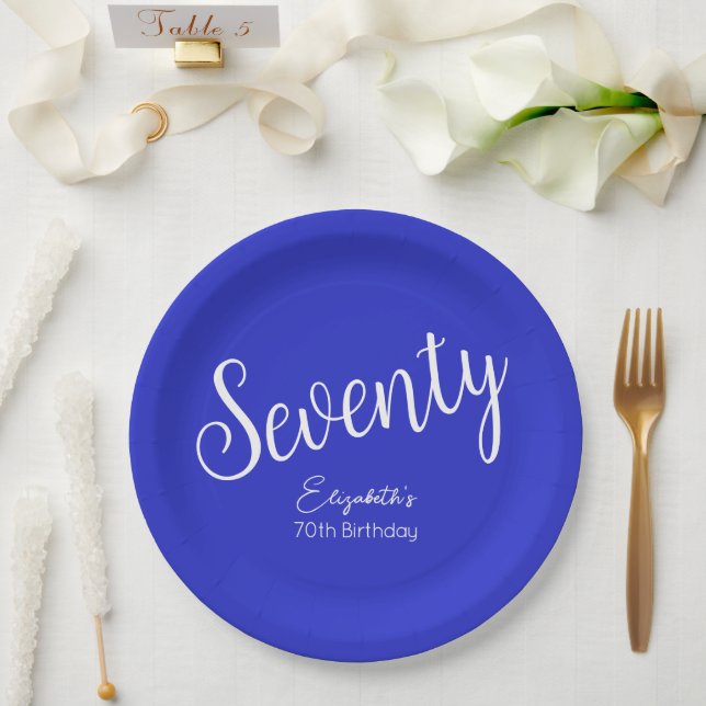 Prato De Papel Bastante Moderno Script Real 70 Azul Aniversário (Casamento)