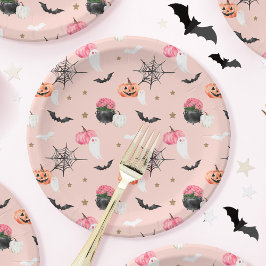 Prato De Papel Bat de Aranha Rosa e Pumpkin Laranja no Halloween