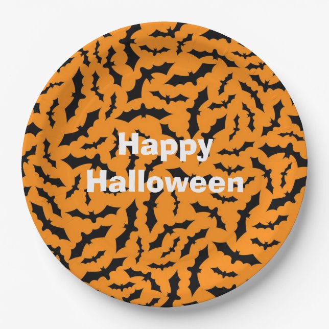Prato De Papel Bat Laranja do Partido Feliz das Halloween (Frente)