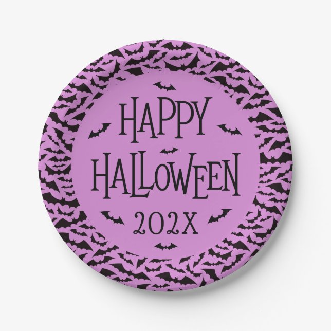 Prato De Papel Bat pattern purple black Happy Halloween year (Frente)