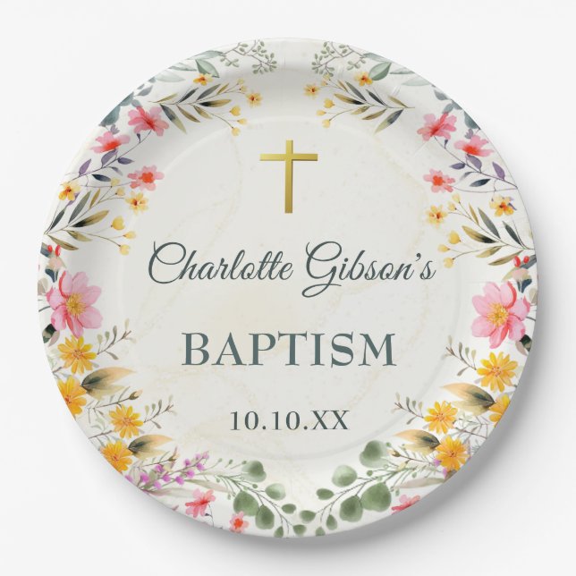 Prato De Papel Batismo Colorido de Flor Selvagem (Frente)