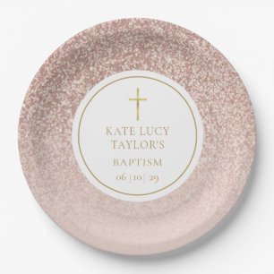 Prato De Papel Batismo com Glitter em Rose Gold Crisma