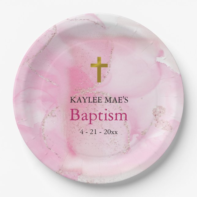 Prato De Papel Batismo das nuvens rosadas girando e girando (Frente)