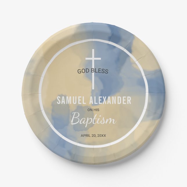 Prato De Papel Batismo de Bebê de Cor da Água Moderna Azul e Dour (Frente)