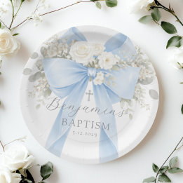 Prato De Papel Batismo de Bebê Menino com Arco Azul de Eucalipto
