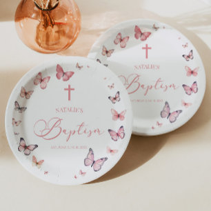 Prato De Papel Batismo de borboleta rosa macia