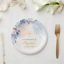 Batismo de menino religioso moderno azul floral aq