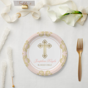 Prato De Papel Batismo Dourado e elegante Menina Damask Blush