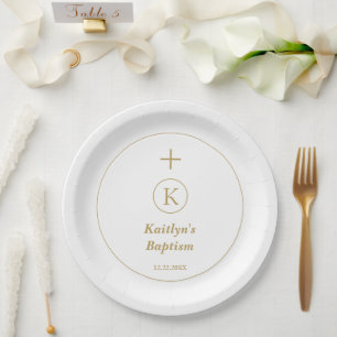 Prato De Papel Batismo Dourado Monograma Branco Iniciais Elegante