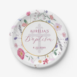 Prato De Papel Batismo em Círculo de Flores Selvagens