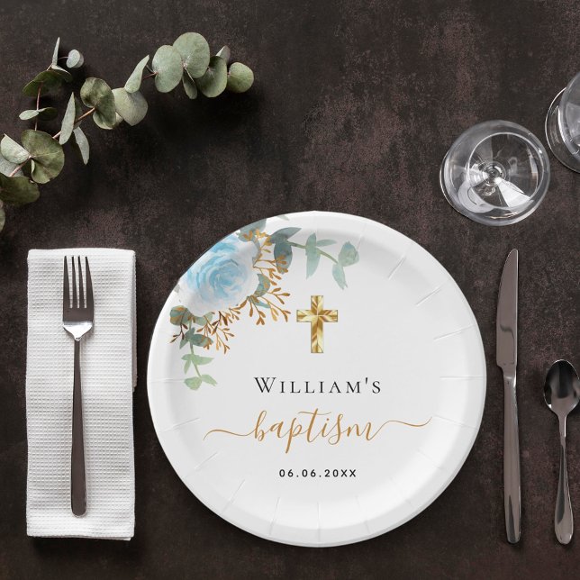 Prato De Papel Batismo eucalipto verde azul floral menino (Criador carregado)