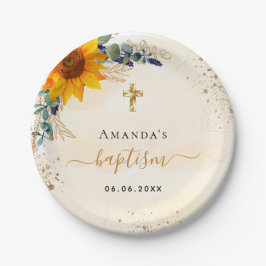 Prato De Papel Batismo girassol eucalipto brilha moderno