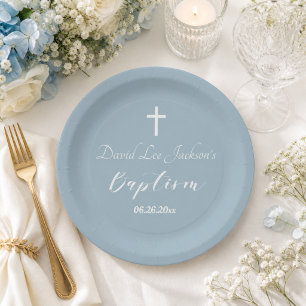 Prato De Papel Batismo Moderno Christening White Cross Dusty Blue