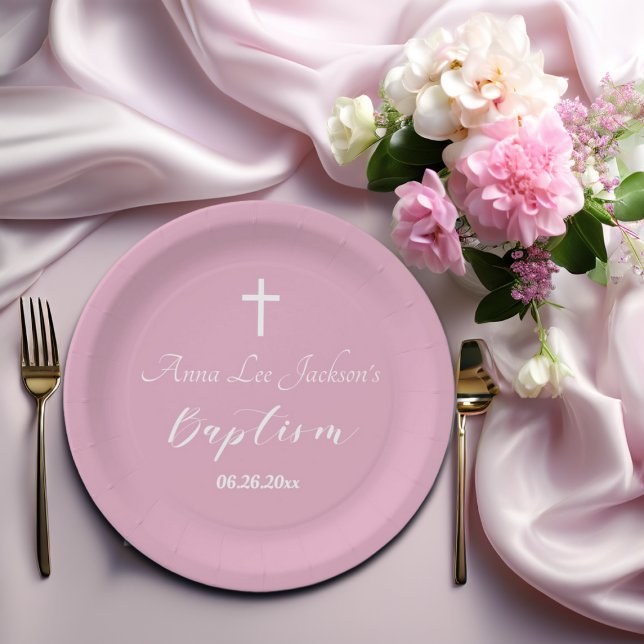 Prato De Papel Batismo Moderno Christening White Cross Dusty Pink (Criador carregado)