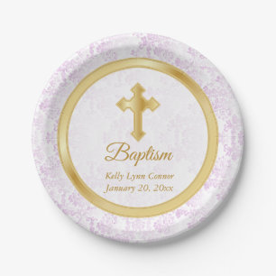 Prato De Papel Batismo personalizado em rosa, branco e Dourado