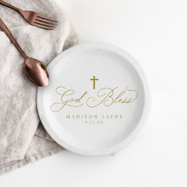 Prato De Papel Batismo Primeira Comunhão Dourado Deus Abençoe Cru
