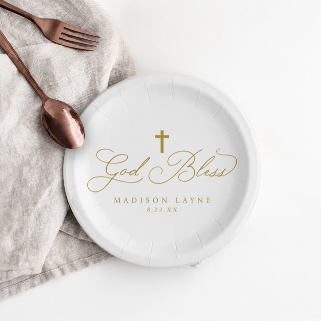 Prato De Papel Batismo Primeira Comunidade Dourada Cruz Deus aben (Elegant God Bless paper plates with gold cross, perfect for baptism or first communion.)