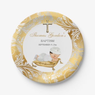 Prato De Papel Batizado de Menino Cristo Batismo Ouro Prata