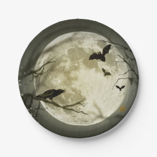 Prato De Papel Bats fly Crow fica em frente à lua cheia de Hallo