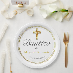 Prato De Papel Bautizo Bebé Niño Cruz de Oro y Blanco Elegante