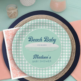 Prato De Papel Beach Baby no Conselho Marinho Mint Gingham Chá de