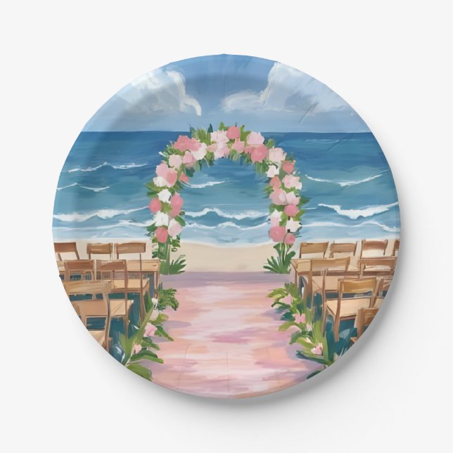 Prato De Papel Beach Wedding Aisle Floral Watercolor (Frente)