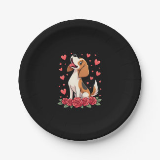 Prato De Papel Beagle Fofo com Rosas Vermelhas Corações Floral Di