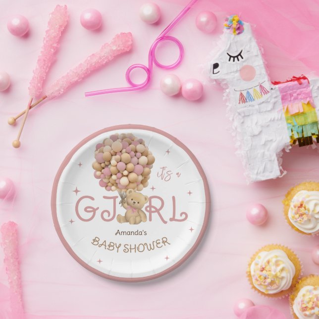 Prato De Papel Bear Balões Rosa Boho Baby Chá (Festa)