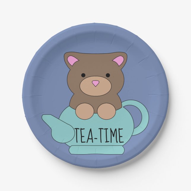 Prato De Papel Bear Blue Cute Teapot Birthdays (Frente)