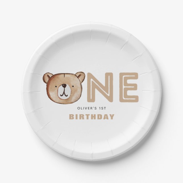 Prato De Papel Bear Primeiro Aniversário Placas (Frente)