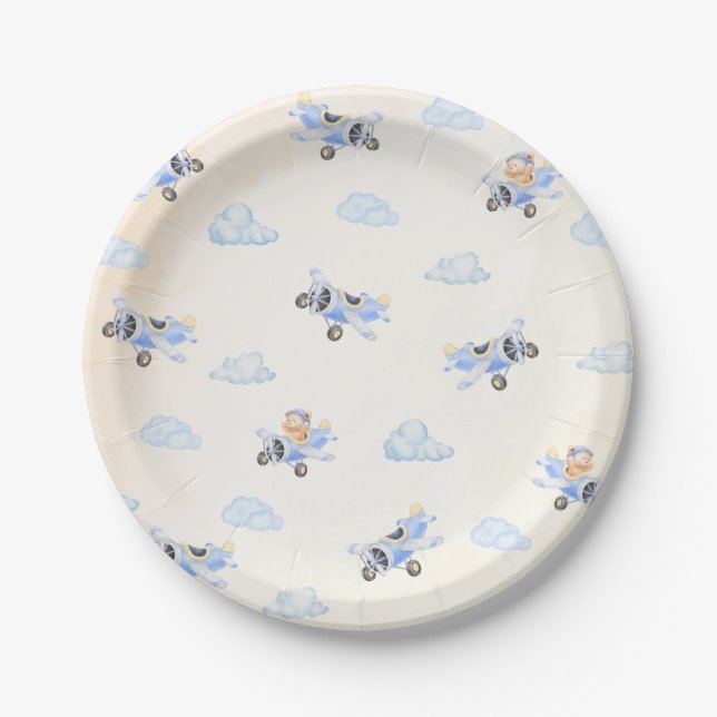 Prato De Papel Bearly Wait Baby Shower Flying Bear & Cloud  (Frente)