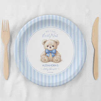 Prato De Papel Bearly Wait Baby Shower Teddy Bear & Blue Stripes 