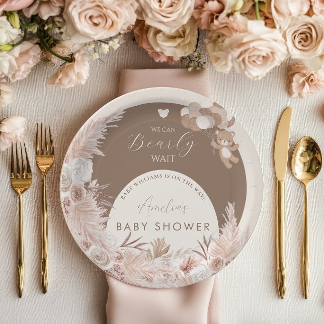 Prato De Papel Bearly Wait Neutral Teddy Bear Boho Pampas (Criador carregado)