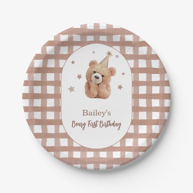 Prato De Papel Beary First Birthday Gingham (Frente)