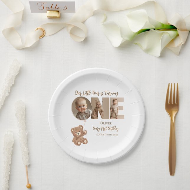 Prato De Papel Beary First Birthday Little Bear Foto (Casamento)