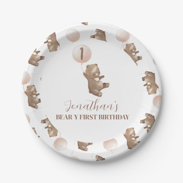 Prato De Papel Beary First Birthday Paper Plate (Frente)