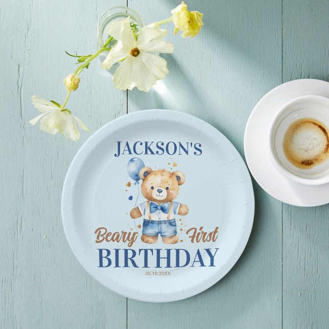 Prato De Papel Beary First boys aniversariante ursinho azul-balão (Beary first boys birthday cute teddy blue balloon personalized tableware printed paper plates)