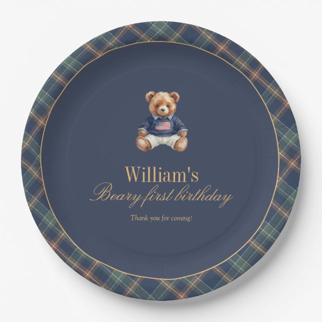 Prato De Papel Beary First Navy Plaid Teddy Bear Boy Birthday  (Frente)