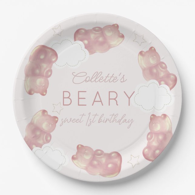 Prato De Papel Beary Sweet Pink Gummy Bear Girl Aniversário (Frente)