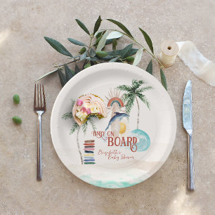 Prato De Papel Bebê a Bordo Retro Verão Surf Chá de Bebê